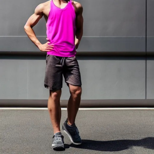 Image similar to high - quality photo of a muscular, completely androgynous person of completely ambiguous gender wearing a pink tank top