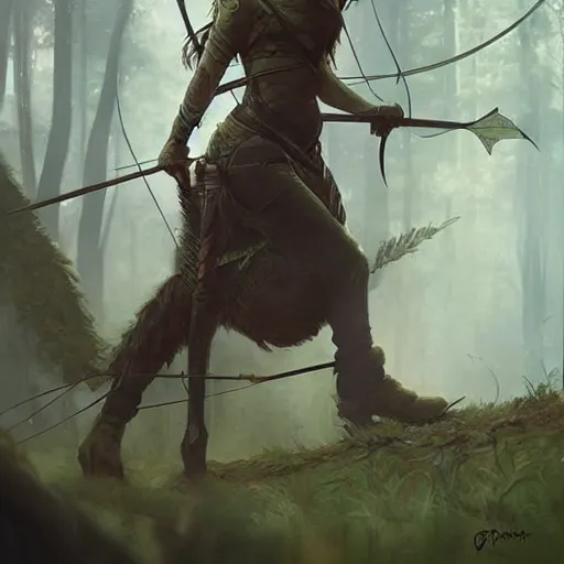 Image similar to fantasy art of a female forest archer in the style of greg rutkowski, detailed, cinematic, poster