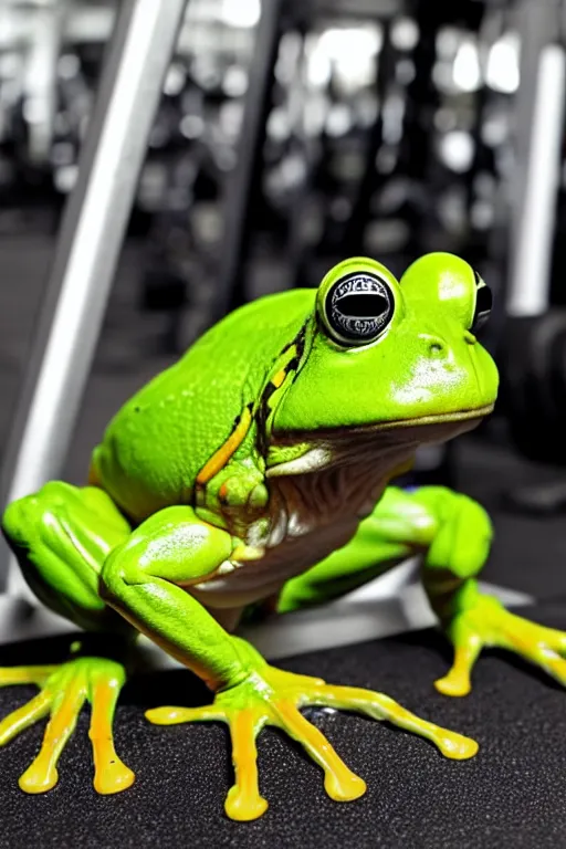 Prompt: Strong, muscular frog at the gym, lifting weights and showing off his biceps.