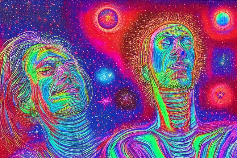 Image similar to digital art of a spiritual man looking up at the stars, glowing light, acrylic art, universe, painting, pastel colors, alex grey,