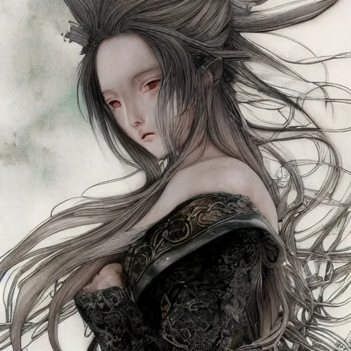 Image similar to yoshitaka amano blurred and dreamy illustration, renaissance oil portrait, realistic anime girl with long wavy white hair fluttering in the wind and black eyes wearing elden ring style armor with engraving, highly detailed, art by moon, abstraction in the background, strange camera angle, three - quarter view, noisy film grain effect, soft light, dark mood