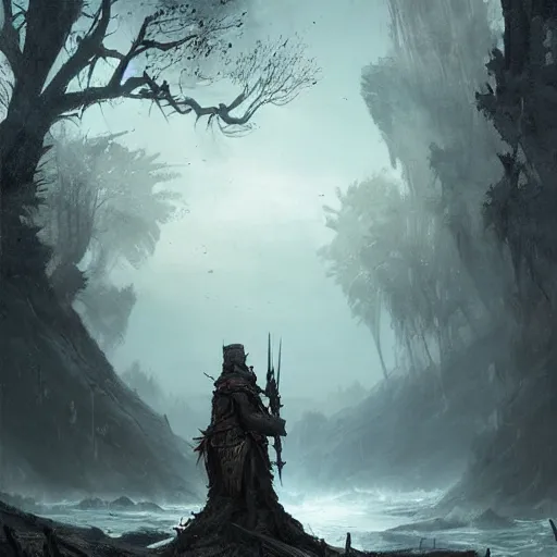 Image similar to a creepy creature standing infront of an battlefield, Matte painting , detailed painting, greg rutkowski