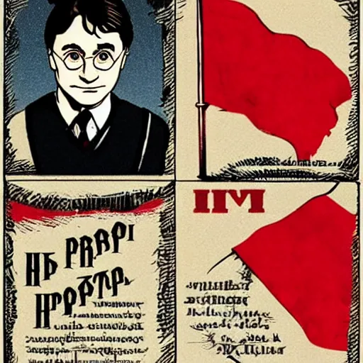 Image similar to Harry Potter and russian soviet revolution, colored, red flags