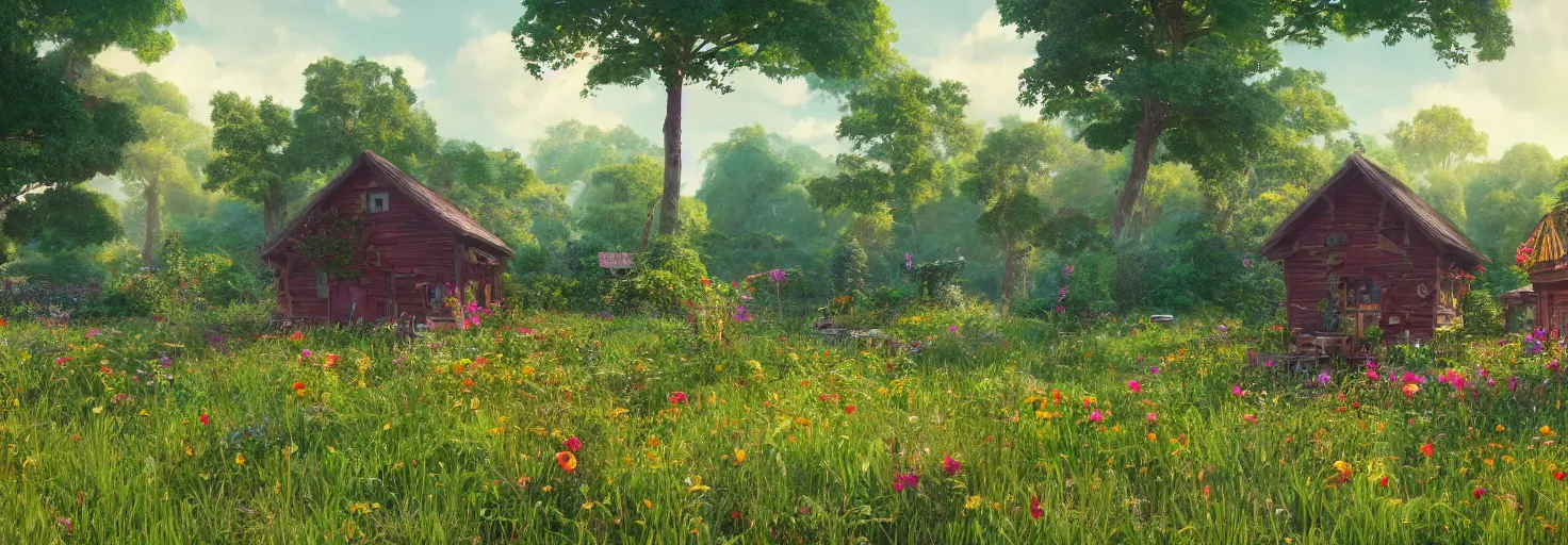 Image similar to large central crimson - black beehive in a beautiful forest meadow village landscape, flowers, happy trees, photorealistic, octane render, rtx, hdr, unreal engine, digital art widescreen 8 k, studio ghibli, bob ross, pixar, bee movie, disney