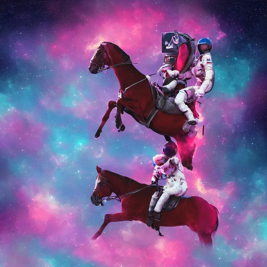 Image similar to a horse riding on an astronaut. synthwave digital art