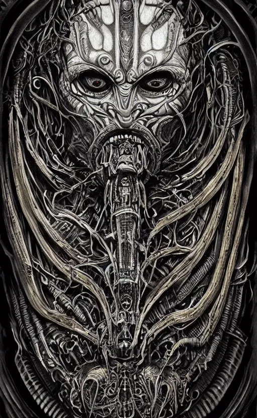 Image similar to H.R. Giger and Elden Ring themed painting of ancient hybrid majestic aztec warrioor fantasy biomechanical human beautiful angel symmetrical face angry mask closeup face mask tattoo pattern golden ratio concept, deep forest psytrance Neo-Gothic concept, infinity glyph waves, intricate artwork masterpiece, very coherent artwork, cinematic, full frontal facial features by Artgerm, Takato Yamamoto, Zdizslaw Beksinski, Johnatan Wayshak, Moebius, Ayami Kojima, very coherent artwork, trending on cgsociety, ultra high quality model, production quality cinema model, high detail chromatic ink outline, octane render, unreal engine 8k, hyper realism, high detail, octane render, unreal engine, 8k, High contrast