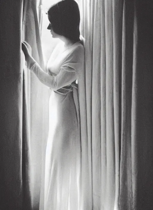 Prompt: a woman in a long flowing white dress dancing by a window in the afternoon, flash polaroid photo by george hurrell, hazy light rays, golden hour