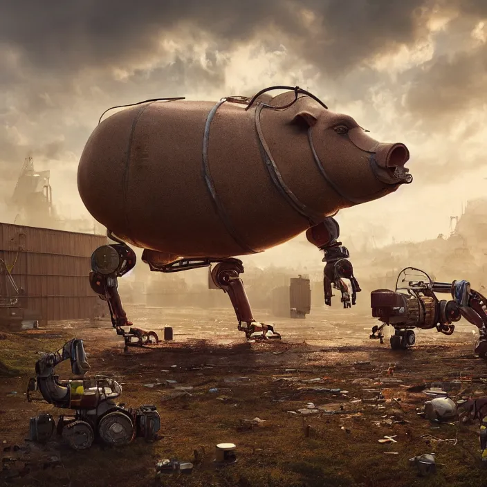 Image similar to crew of robot workers building giant pig, octane render, 4 k ultra hd, hyper - detailed, realistic, seedy lighting, sharp focus, in style of beeple gediminas pranckevicius