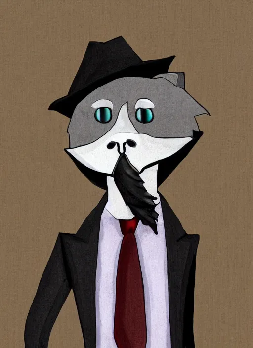 Prompt: anthropomorphic wolf in a suit and tie, smoking a cigarette. Digital art, colorful