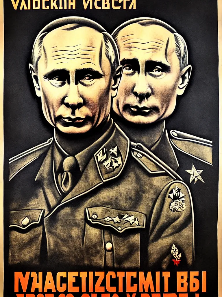 Prompt: photograph of a WW2 anti-Soviet poster, Vladimir Putin portrait, as a rabid bear, macabre, textured , highly detailed, fine illustration, modern colors , by Wiktor Gorka