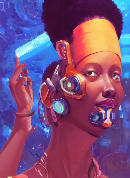 Image similar to afro - futurist artists, paint, brushes and canvas, hacking the metaverse of art | hyperrealistic oil painting | by makoto shinkai, ilya kuvshinov, lois van baarle, rossdraws | afrofuturism, in the style of hearthstone, trending on artstation | dark color scheme