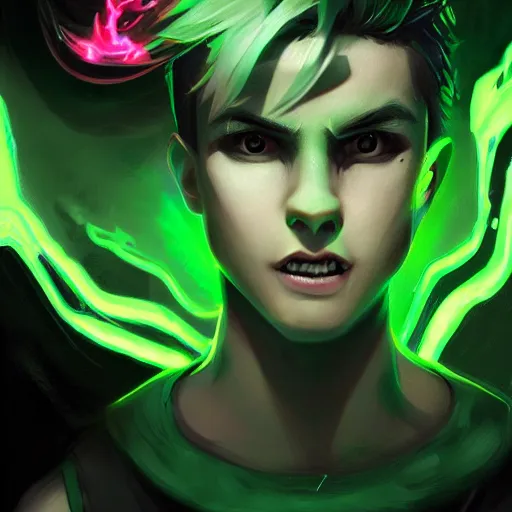 Prompt: a digital matte intricate face illustration concept art of young danny phantom with glowing green eyes cute fangs alt art fashion inspired art by charlie bowater and wlop and mark arian and ross tran + neon colors, symmetry, intricate complexity, epic composition, magical atmosphere, highly detailed, cinematic lighting + masterpiece, trending on artstation + 8 k