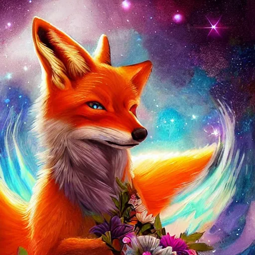 Image similar to a painted avatar portrait of an awesome cosmic powerful kitsune fox mage being themed around death and the stars and the cosmos, covered in flowers, holding an enchanted dagger, in the style of dnd beyond avatar portraits, beautiful, artistic, elegant, lens flare, magical, lens flare, nature, realism, stylized, art by jeff easley