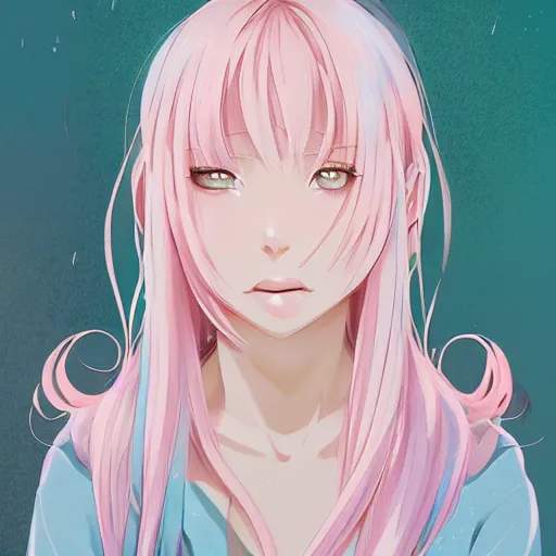 Image similar to gorgeous anime woman portrait, pastel hair, bodycon dress, clear clean face, face by ilya kushinov, avetetsuya studios, alexandra fomina artstation, by makoto shinkai, digital 2 d, painterly style, cinematic matte illustration, clean composition, character design, ufotable, vofan