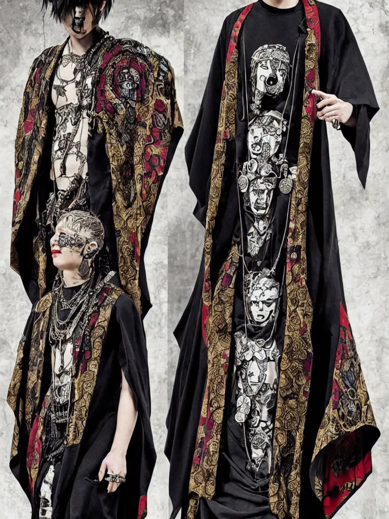 Prompt: punk ancient greek philospher wearing gucci versace intricate textile chiton himation cloak tunic detailed design japanese kanji streetwear cyberpunk modern fashion