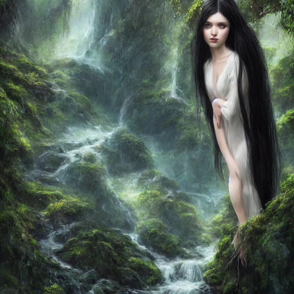 Image similar to Intricate picture of a single 25 years old Paludnitsa in a lush fjord. Long black hair, perfect face, beautiful eyes, intricate white dress, smooth, vivid colors, highly detailed, dreamlike, digital art by Eddie Mendoza, 4k, very wide shot.