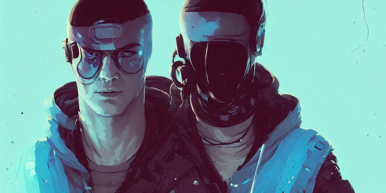 Image similar to cyberpunk synth, hyper - realistic portrait of a man in a hoodie, cyberpunk, by atey ghailan, by greg rutkowski, by greg tocchini, by james gilleard, by joe fenton, by kaethe butcher, dynamic lighting, gradient light blue, brown, blonde cream and white color scheme, grunge aesthetic