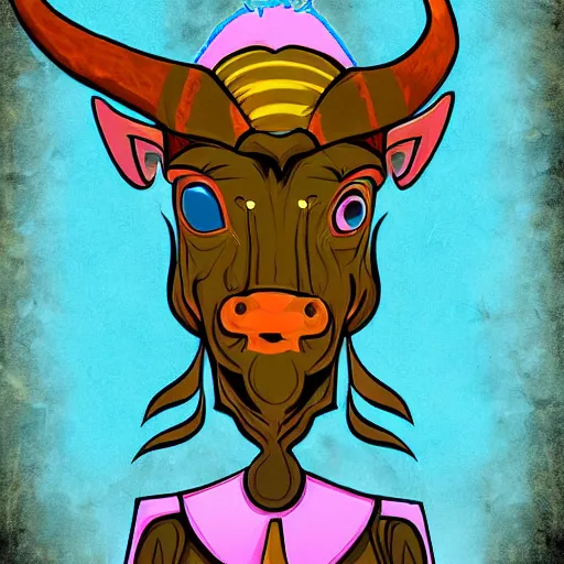 Image similar to well dressed minotaur with blue flaming eyes, digital art