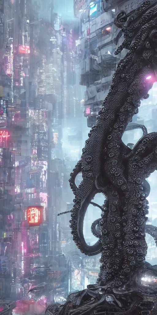 Image similar to hyperrealism, detailed textures, photorealistic 3 d cyberpunk octopus in apocalyptic city, futuristic clothing and helmet, ultra realistic, cinematic, intricate, cinematic light, unreal engine 8 k