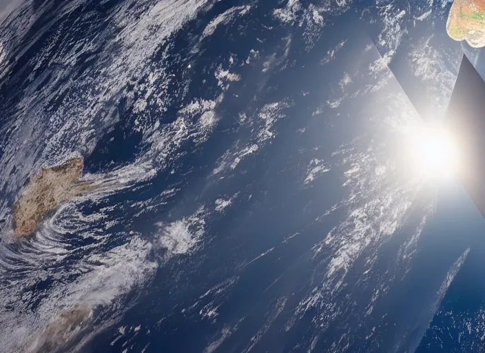 Prompt: nasa satellite still of a flat disc shaped earth that is flat and shaped like a flat disc with mountains peaking out of the clouds, lens flares, 8 k