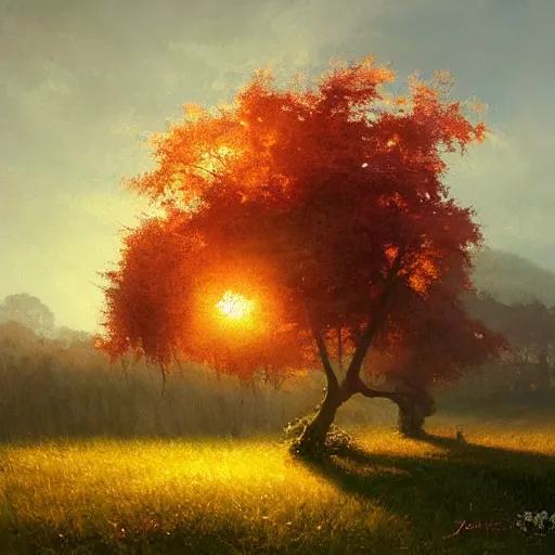 Image similar to a beautiful painting by banska stiavnica nature in sunset, translucent fruit tree, peach, by greg rutkowski and james gurney, artstation