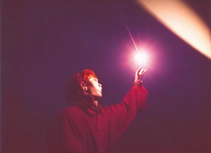 Image similar to a very good looking and dramatic sorcerer holds out their hand from which a blast of bright magic flies, on an empty moonlit hill, dramatic lighting, lens flare, 3 5 mm full frame professional photography, kodachrome