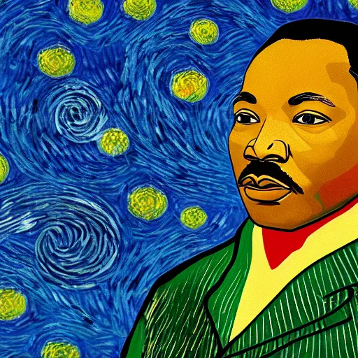 Image similar to an artistic portrait of martin luther king, high quality, studio photography, colorful, hero, heroic, beautiful, in the style of vincent van gogh