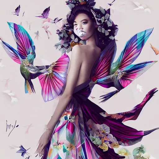 Image similar to full length fashion illustration of a beautiful girl wearing an origami dress, eye - level medium shot, fine floral ornaments in cloth and hair, hummingbirds, elegant, by eiko ishioka, givenchy, by peter mohrbacher, centered, fresh colors, origami, fashion, detailed, serene, dreamy, vogue, japanese, reallusion character creator