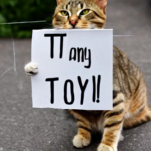 Image similar to a tabby cat holding a sign that says thank you!