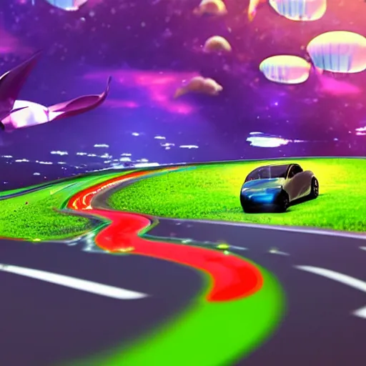 Image similar to high-speed future tech car battle, epic scene, candyland theme, fantasy, 4k