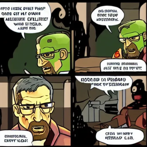 Prompt: Gordon Freeman and doomguy drink coffee