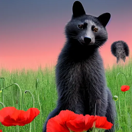 Prompt: a closeup photorealistic photograph of a two different black adult cats sitting on 4 paws next to big a black and white adult racoon in a field of poppy with a red sunset in the background. This 4K HD image is Trending on Artstation, featured on Behance, well-rendered, extra crisp, features intricate detail and the style of Unreal Engine.