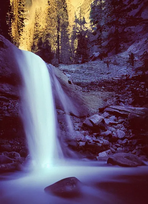 Prompt: a 2 8 mm macro kodachrome photo of a waterfall made of nebula aurora stardust flowing into the river in the valley in yosemite national park in the 1 9 5 0's, seen from a distance, bokeh, canon 5 0 mm, cinematic lighting, film, photography, moonlight, long exposure, depth of field, award - winning