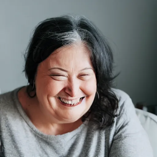 Prompt: Portrait Photo of ur fat mom smiling creepy into the camera, gray hair, smiling softly, realistic, 4k/8, real, photoshooting, relaxing on a modern couch, interior lighting, cozy living room background, medium shot, mid-shot, soft focus, professional photography, Portra 400
