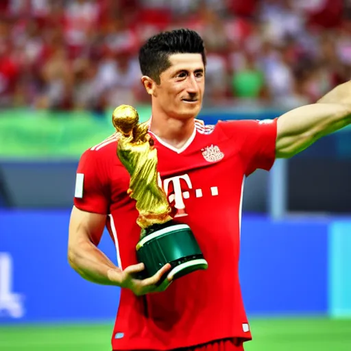 Image similar to portrait of Robert Lewandowski holding World Cup trophy, 4k, hq, high details, natural light, perfect quality, professional photography, award winning photo