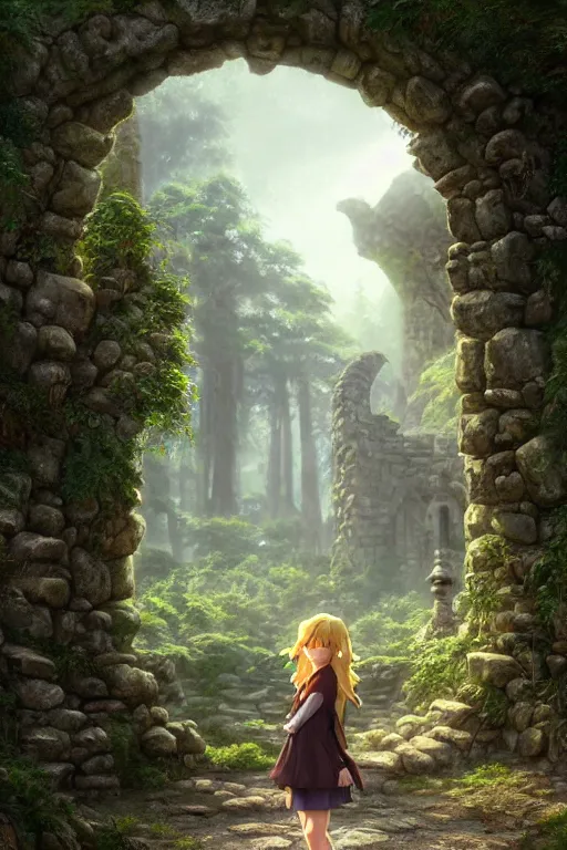 Prompt: a highly detailed matte painting of a teenager with shaggy hair and hip clothes standing in front of a stone gate in the elven forest ruins, by studio ghibli, by artgerm, by wlop, by greg rutkowski, detailed face, perfect eyes, volumetric lighting, octane render, 4 k resolution, trending on artstation, masterpiece