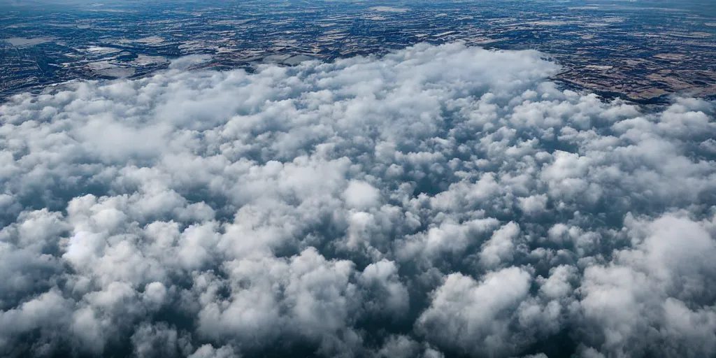 Image similar to ultra wide angle aerial photograph over lake erie, grey clouds, stormy, water spouts, creepy