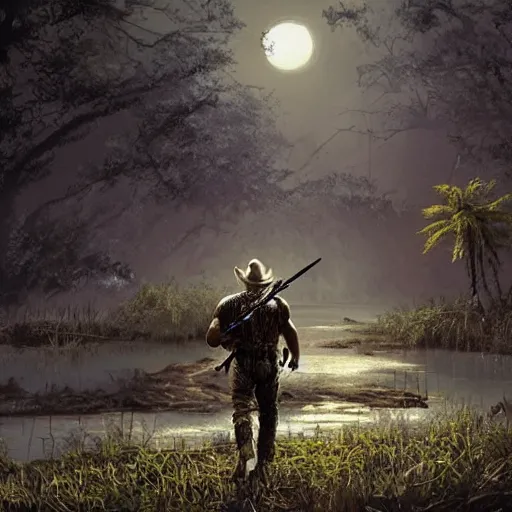 Prompt: the predator hunting a cowboy in the Louisiana bayou at night, video game concept art, highly detailed