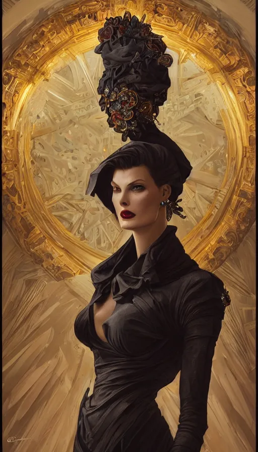 Prompt: linda evangelista, bold, passionate, seductive, expressive, charismatic, very sweaty, intricate fashion clothing, insane, intricate, highly detailed, digital painting, artstation, concept art, smooth, sharp focus, illustration, unreal engine 5, 8 k, art by artgerm and greg rutkowski and alphonse mucha