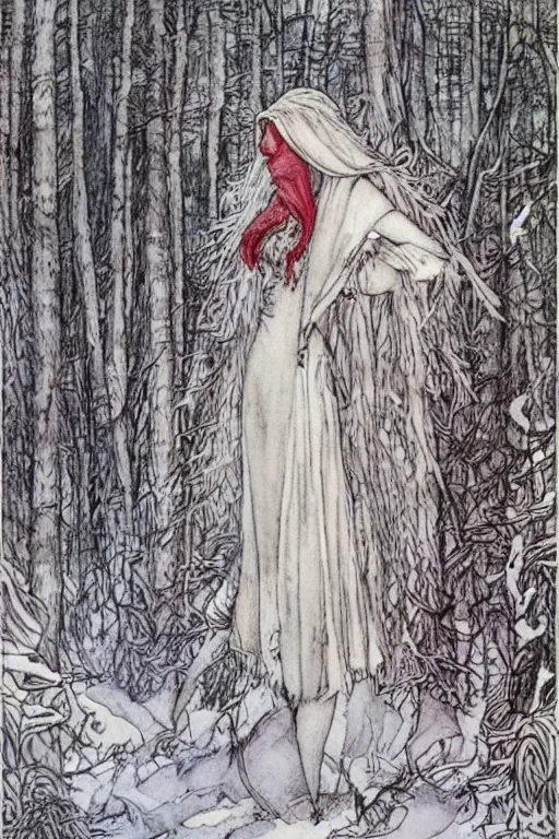 Image similar to red riding hood lost in a winter forest, art by luis royo and walter crane and kay nielsen, watercolor illustration,