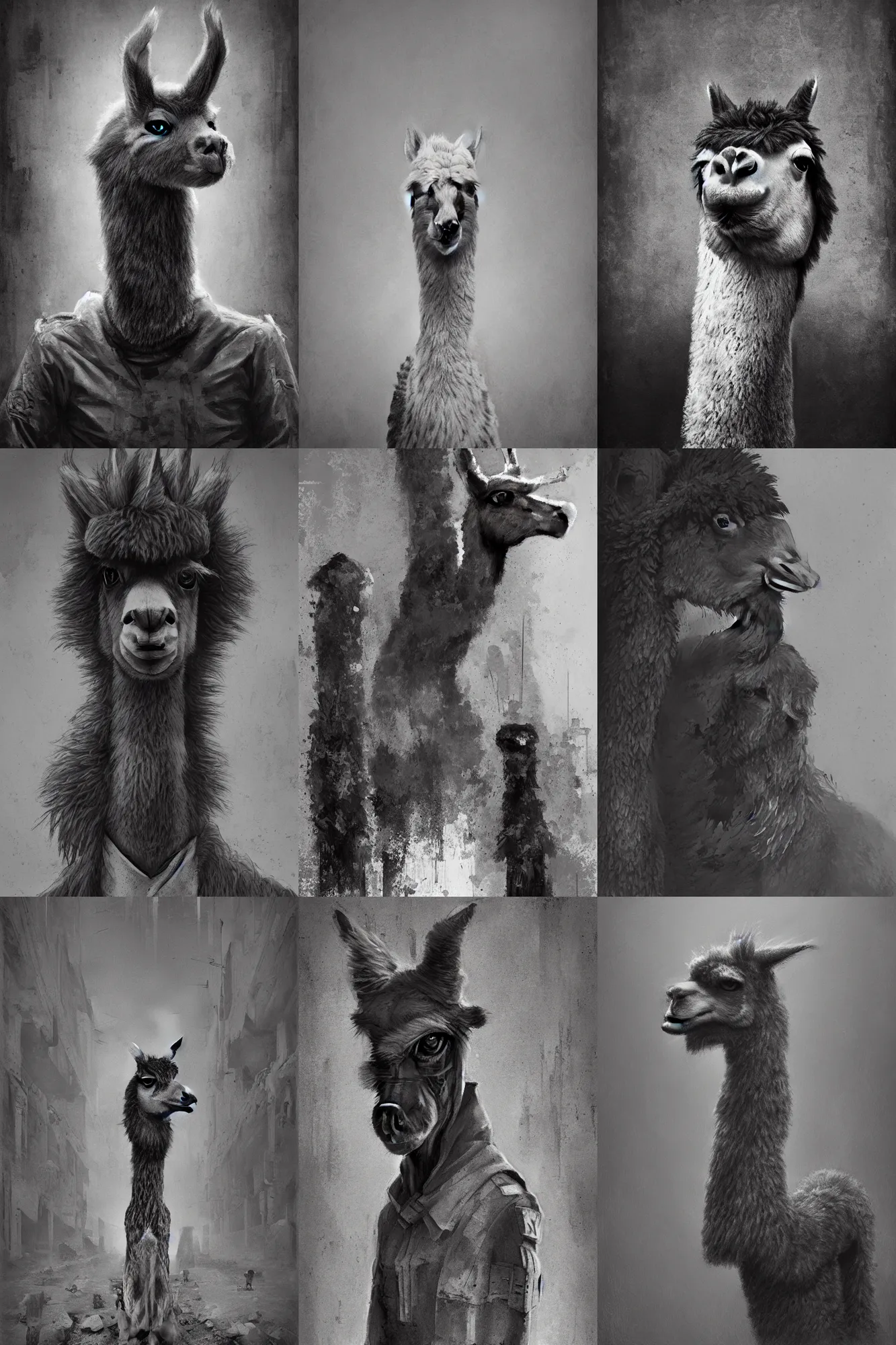 Prompt: Anthro portrait of Llama, Soviet industrial underground by Jakub Różalski, brutalism, highly detailed, knights of sidonia, cinematic, anthro portrait