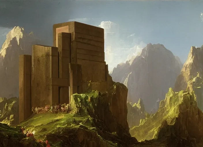 Prompt: painting of a brutalist structure in front of beautiful mountains by thomas cole