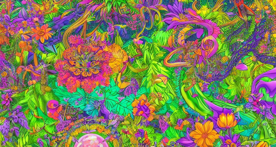 Prompt: psychedelic vector art illustration a exotic garden with flowers by Lisa frank and Tim Hildebrandt, hyper realism, intricate, elegant, highly detailed, octane render, artstation, smooth, sharp focus