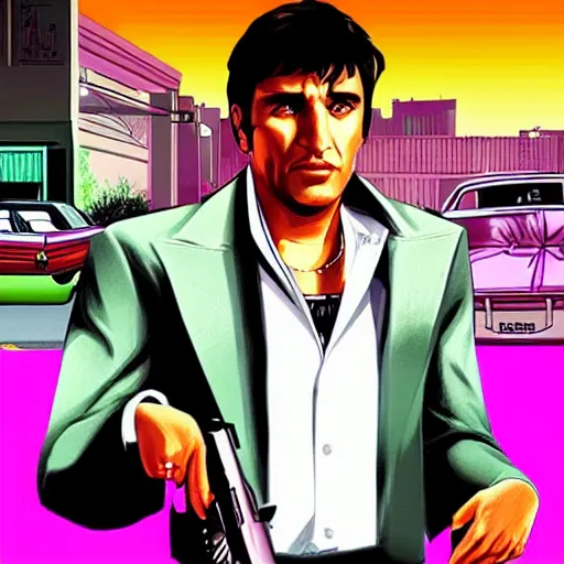 Image similar to tony montana, gta vice city loading screen, box art, no beard