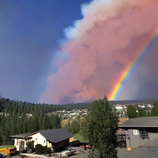 Prompt: wildfires ravaging a town with rainbow smoke, superflat, lisa frank