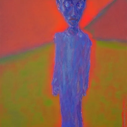 Image similar to a painting of a ethereal ghost standing close to camera in the style of alberto giacometti, acrylic, twilight, glows, detailed,