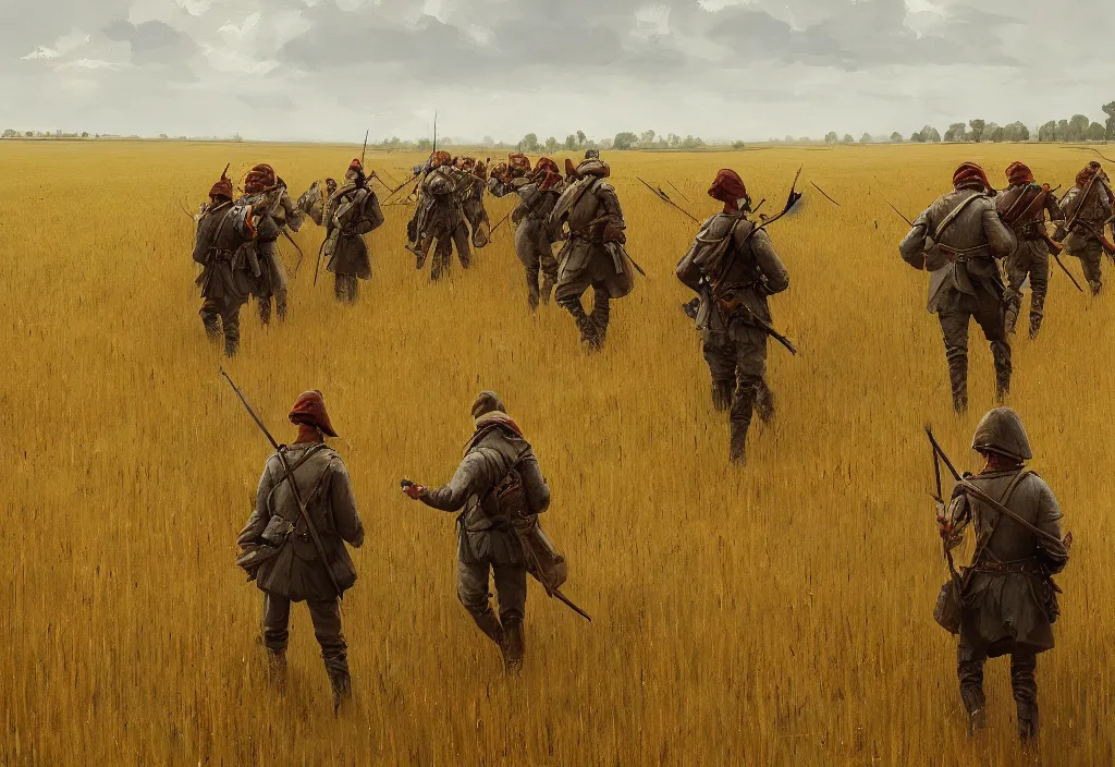 Image similar to swedish carolean soldiers marching across a wheat field, artstation, jakub rozalski, smoke, high detail