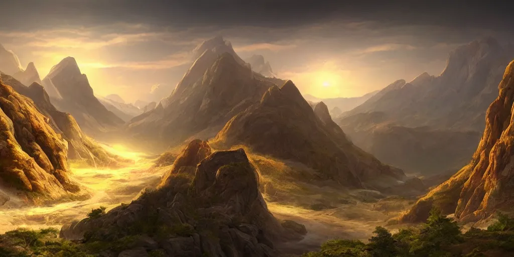 Image similar to beautiful matte painting of large mountains and canyons, fantasy