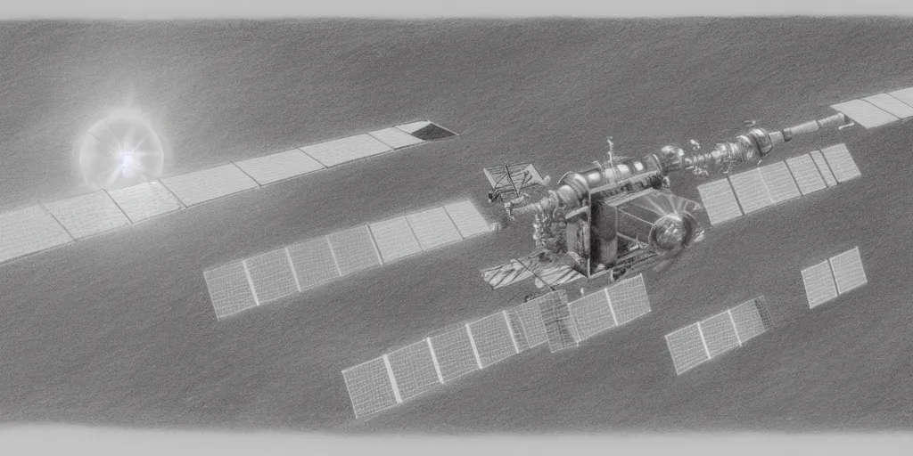 Prompt: a highly detailed graphite sketch of the international space station, with the sun reflecting off of it's windows, various refining methods