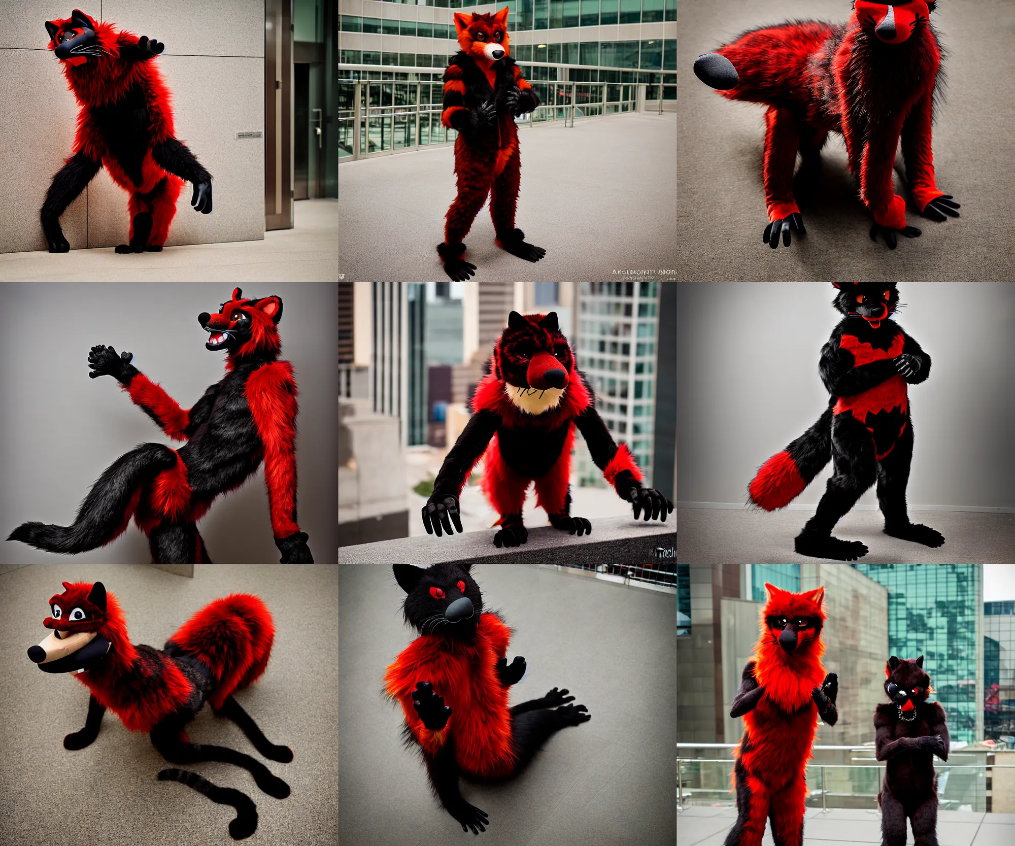 Image similar to fullbody photoshoot photo portrait of a roguish male red - black furred bipedal weasel furry fursona / fursuiter, photorealistic, taken at anthrocon